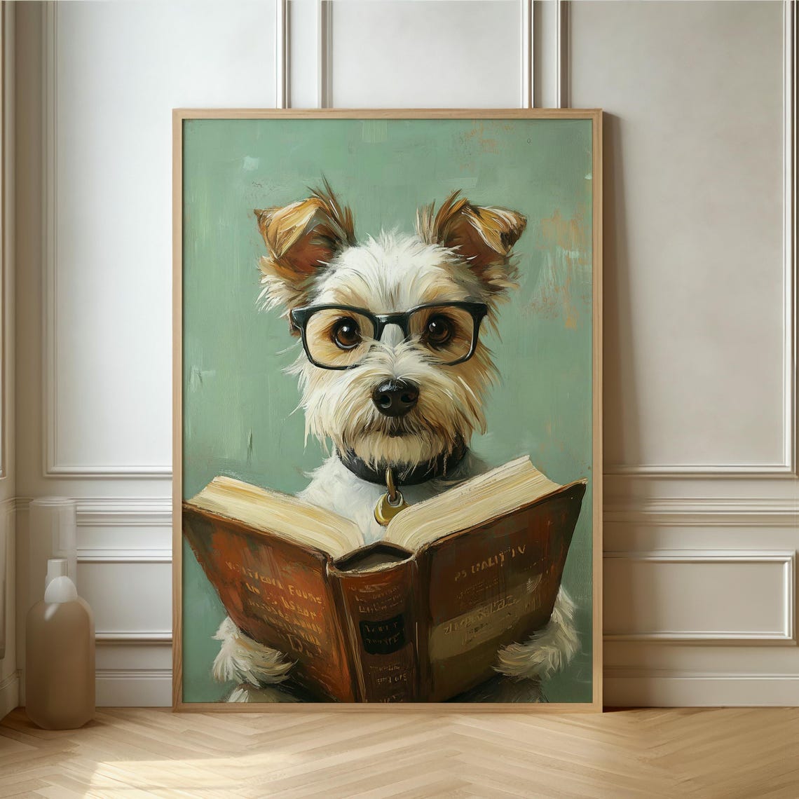 Scholarly Terrier Dog With Glasses Reading A Book Funny Poster