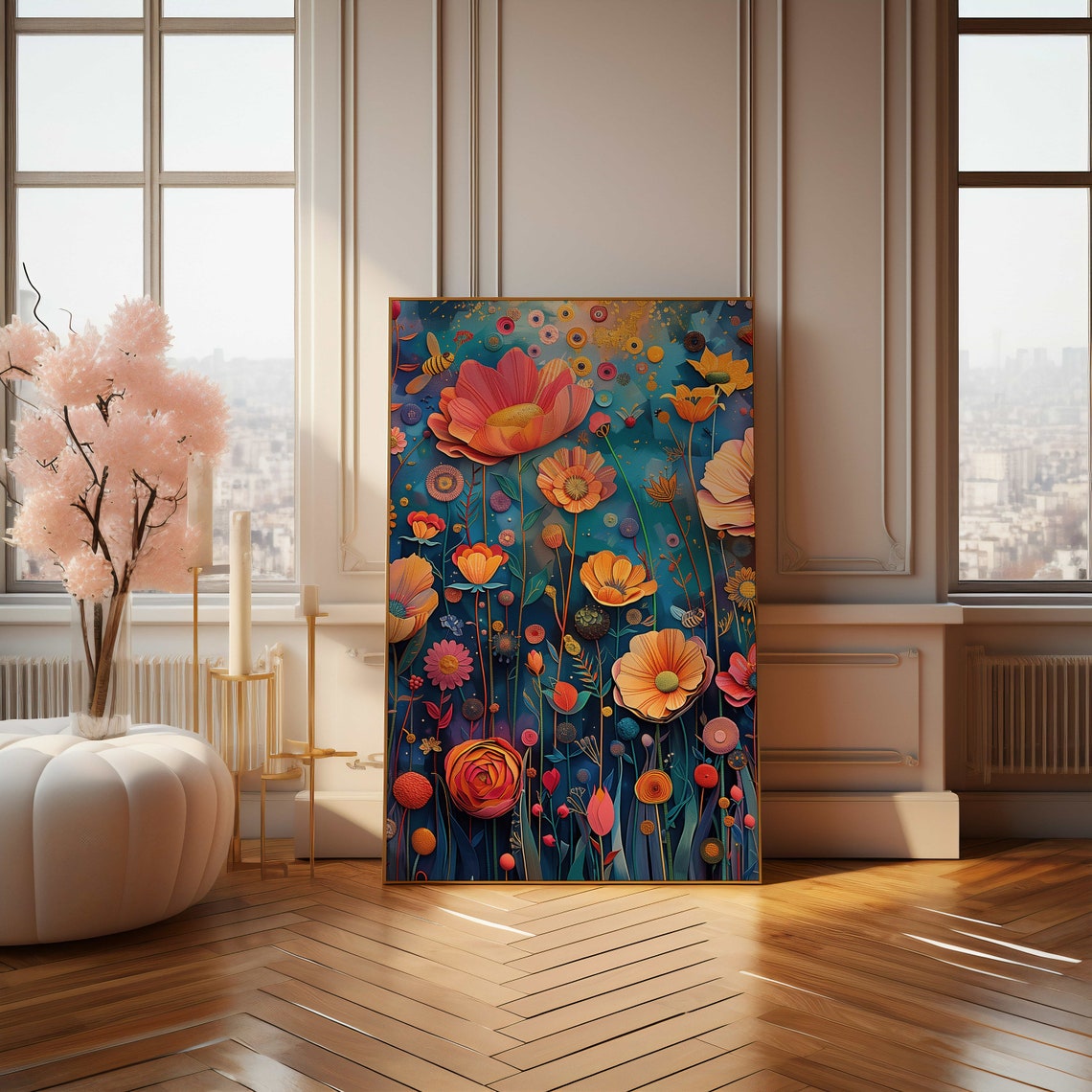 Midnight Blue Fantasy Blooming Flower Garden Mixed Media Art Poster - Image 4