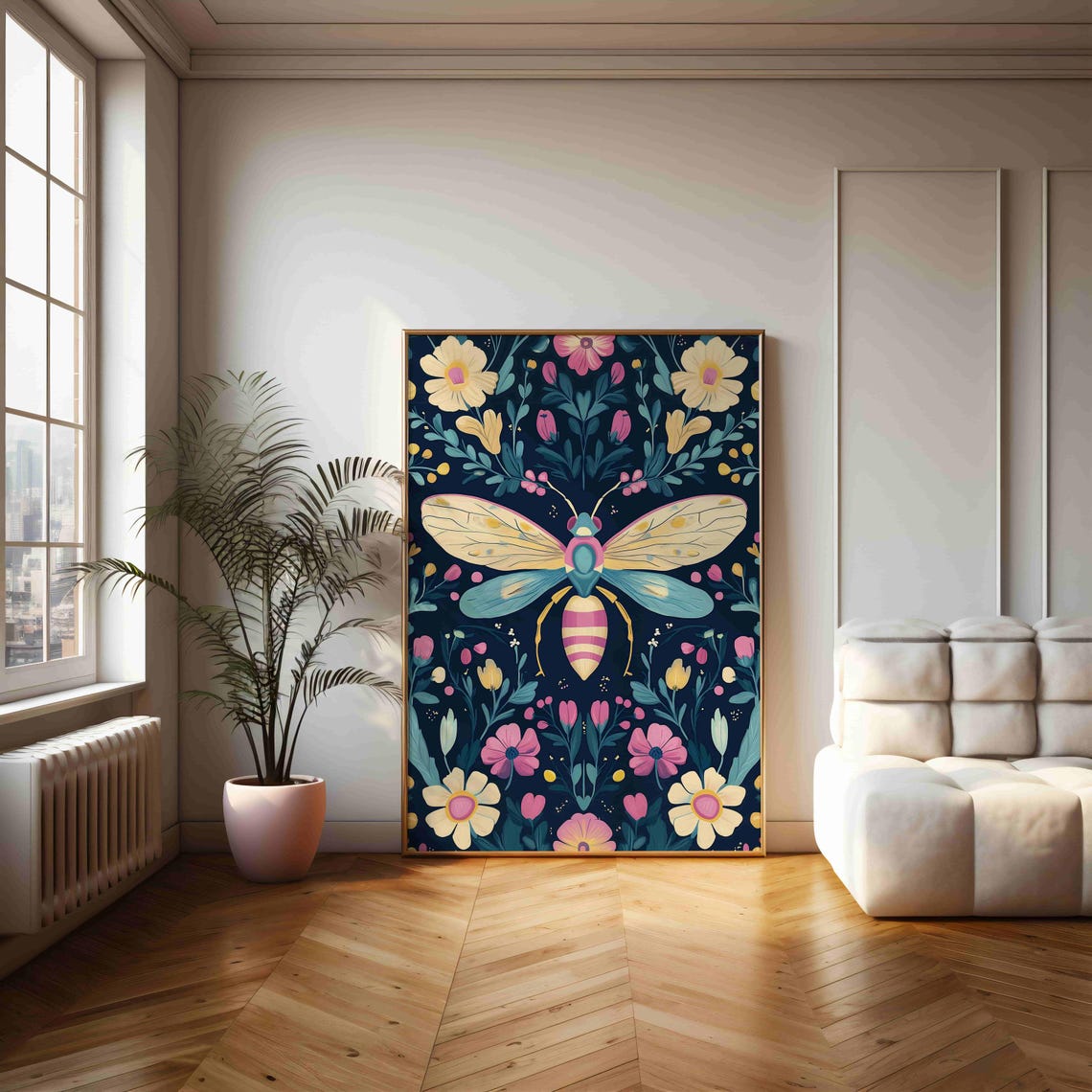 Symmetrical Folk Art Bee With Garden Flowers Deep Navy Art Print - Image 2