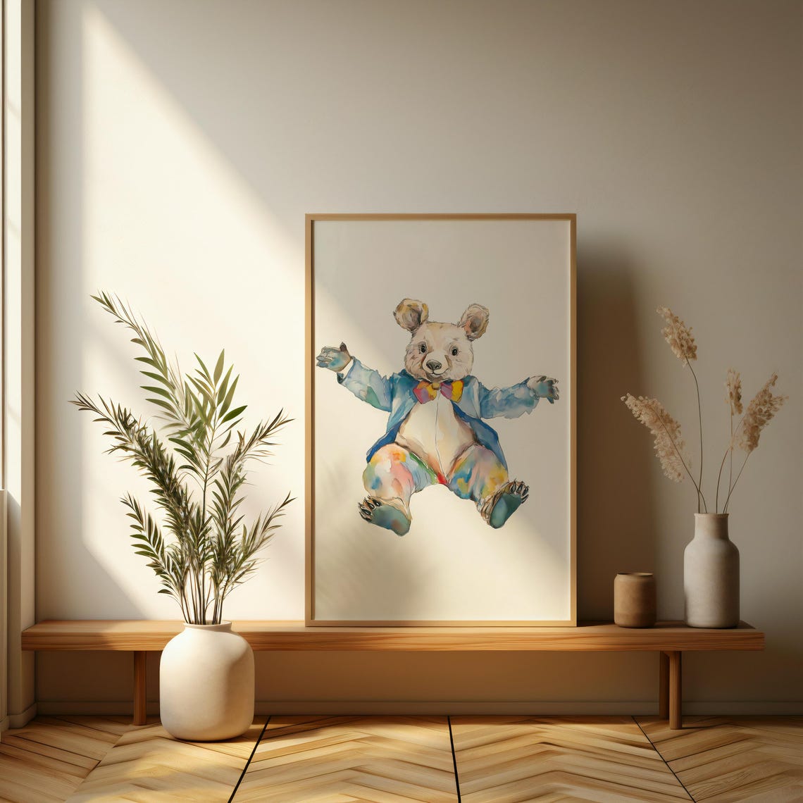Dancing Bear In Blue Jacket Watercolor Whimsical Nursery Poster - Image 3