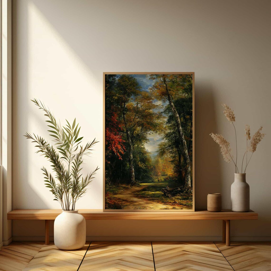 Serene Forest Path with Autumn Trees Moody Oil Painting Poster - Image 3