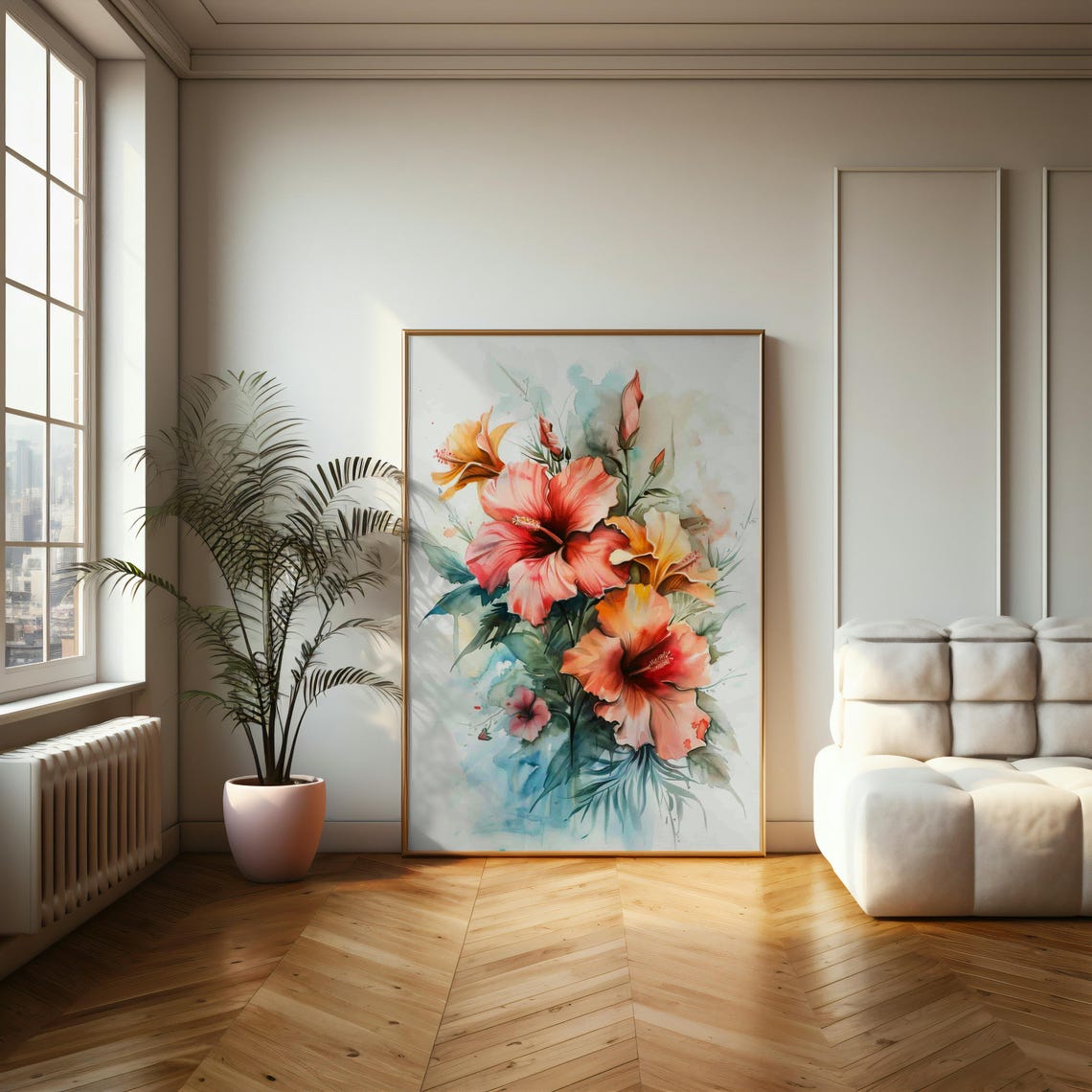 Tropical Hibiscus Flower Bouquet Soft Watercolor Painting Poster - Image 2