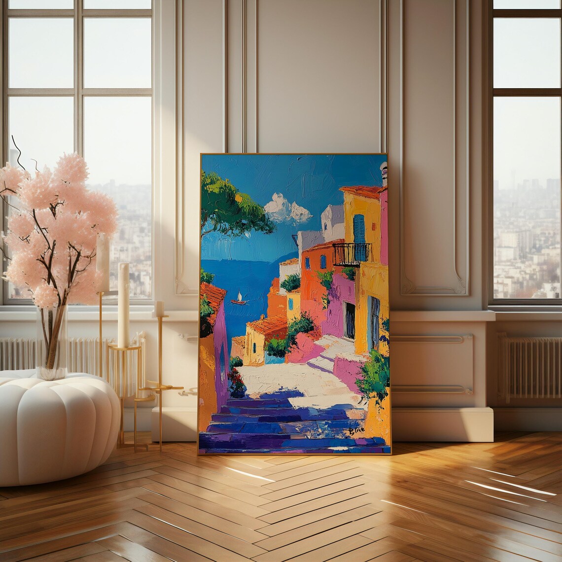 Colorful Coastal Village Steps Oil Painting Mediterranean Poster - Image 4