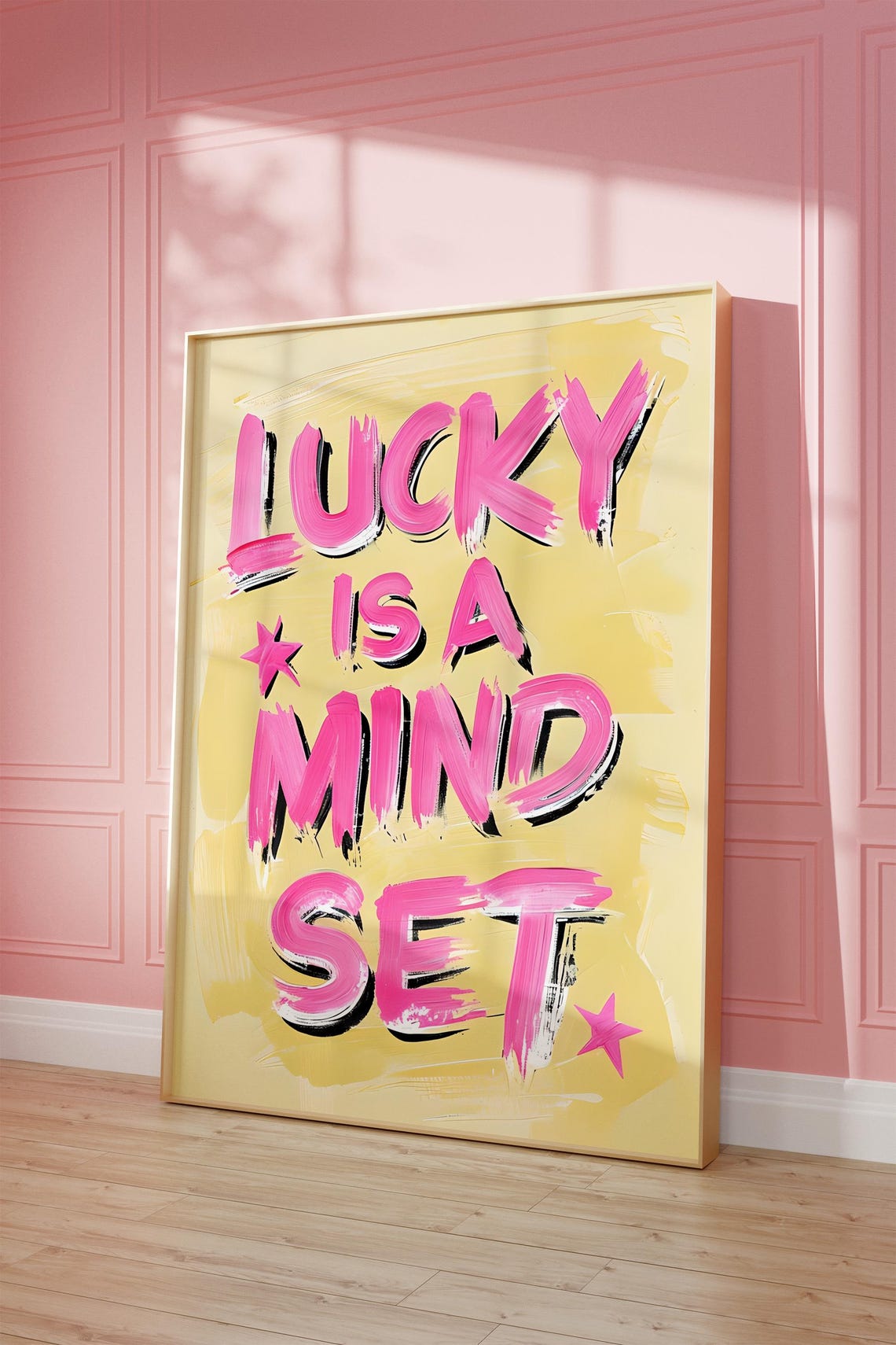Lucky Is A Mindset Pink Yellow Star Brushstroke Quote Art Poster