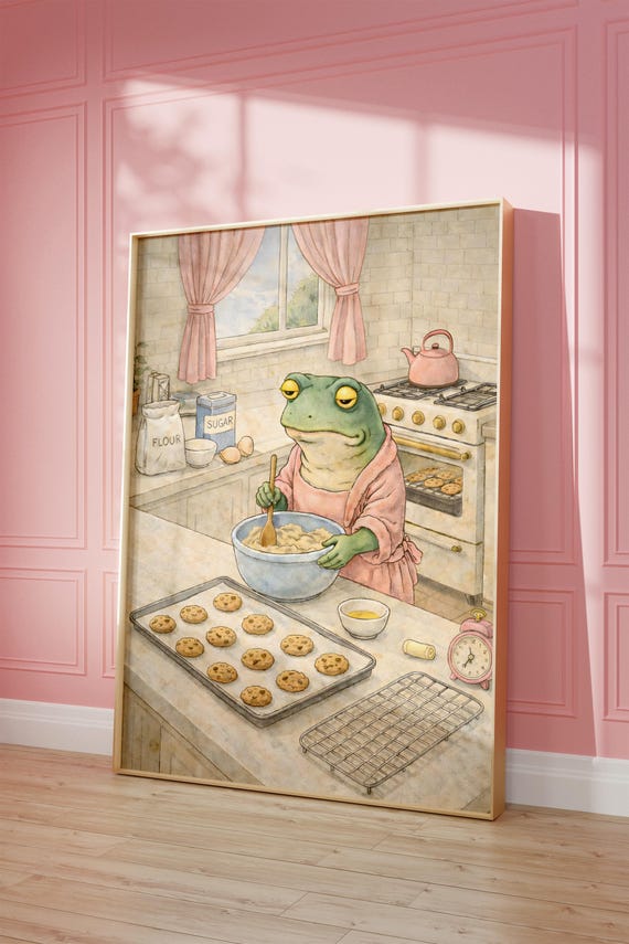 Frog Baking Cookies Print Funny Kitchen Wall Art Instant Download