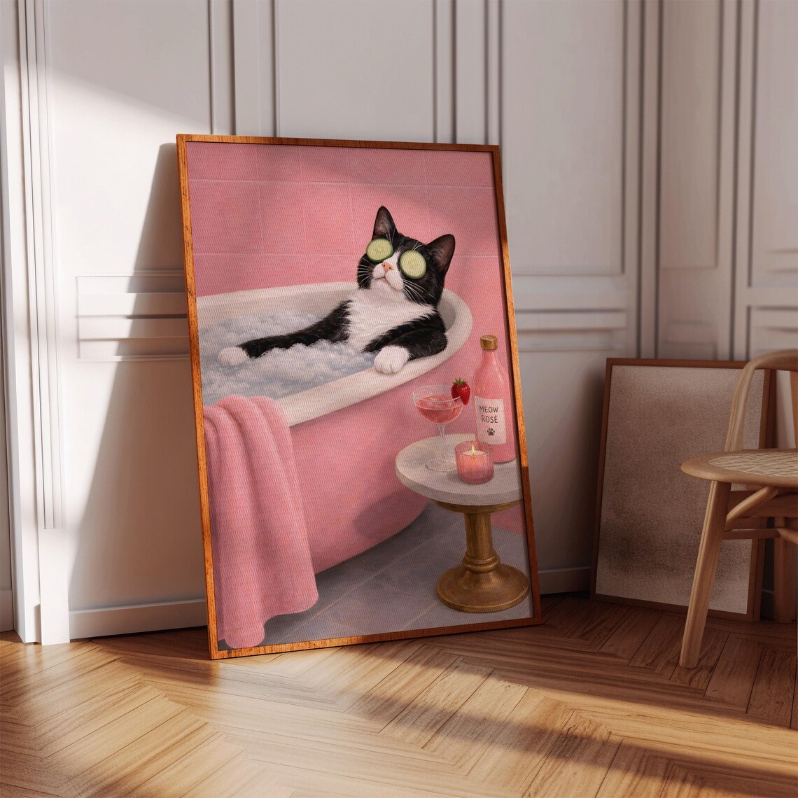 White Cat Bathtub, Pink Retro Bathroom Art Print