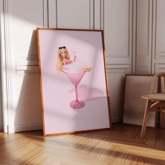 Fashion Doll in Giant Pink Martini Glass Poster Girly Bar Decor
