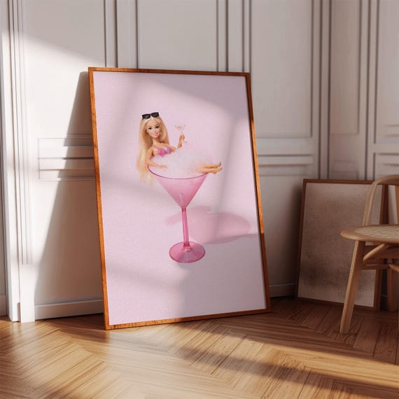 Funny Fashion Doll Martini Glass Print Pink Cocktail Wall Art Girly Bar Decor Poster