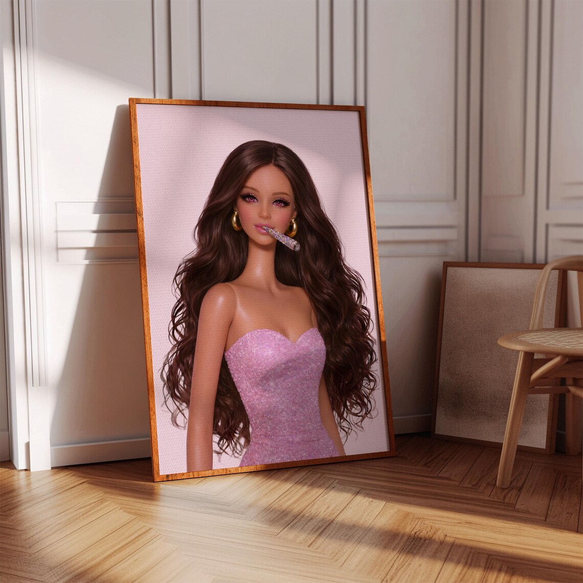 Brunette Doll Party Blower Poster Pink Glitter Girly Fashion Doll Decor