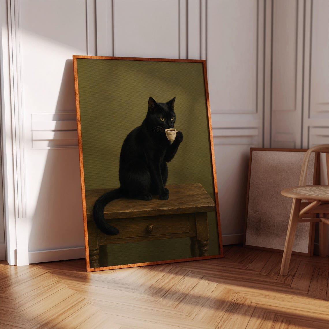 Black Cat Drinking Espresso Vintage Oil Painting Moody Cat Poster