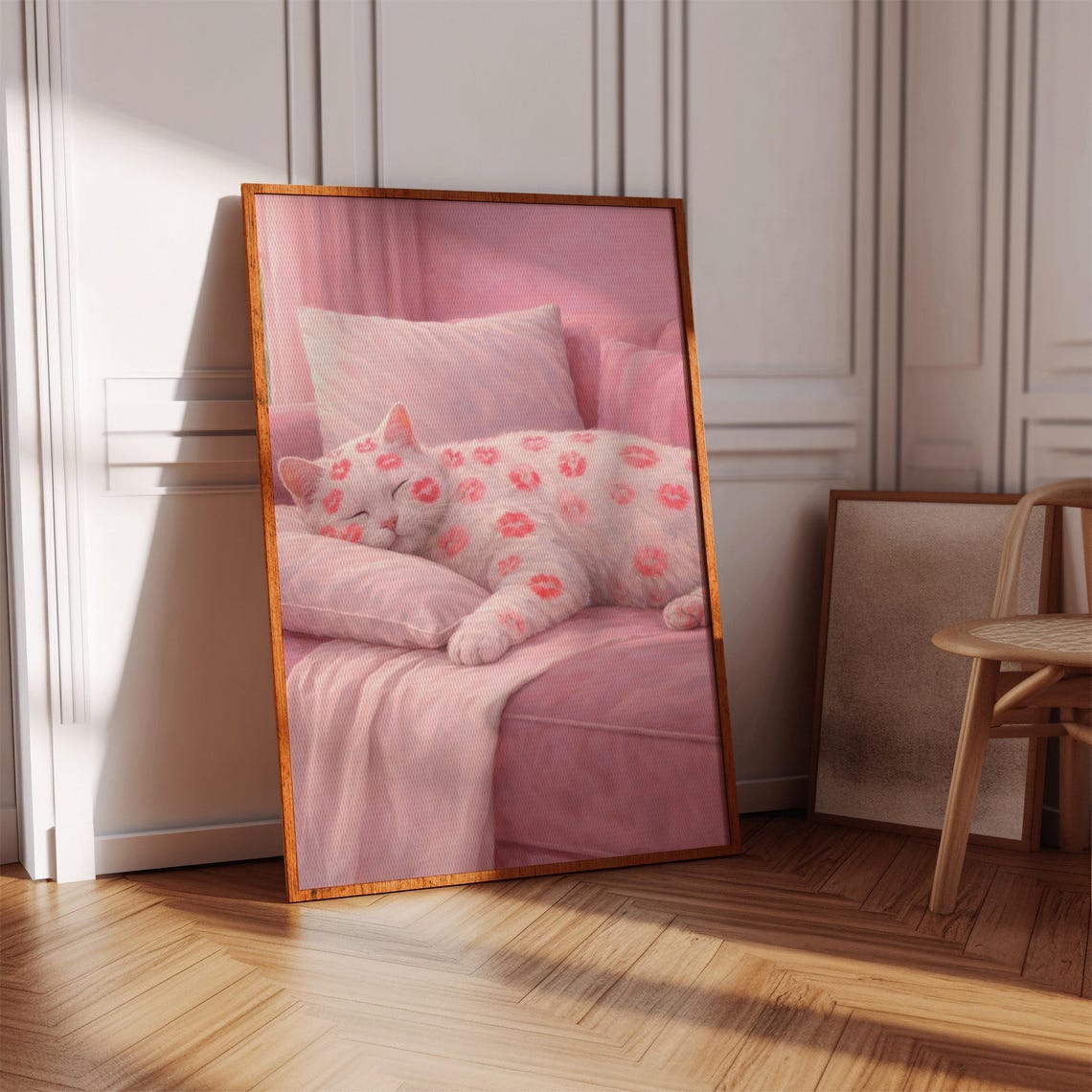 Pink Lipstick Kiss Cat Poster Sleeping Cat Pink Sofa Coquette Decor