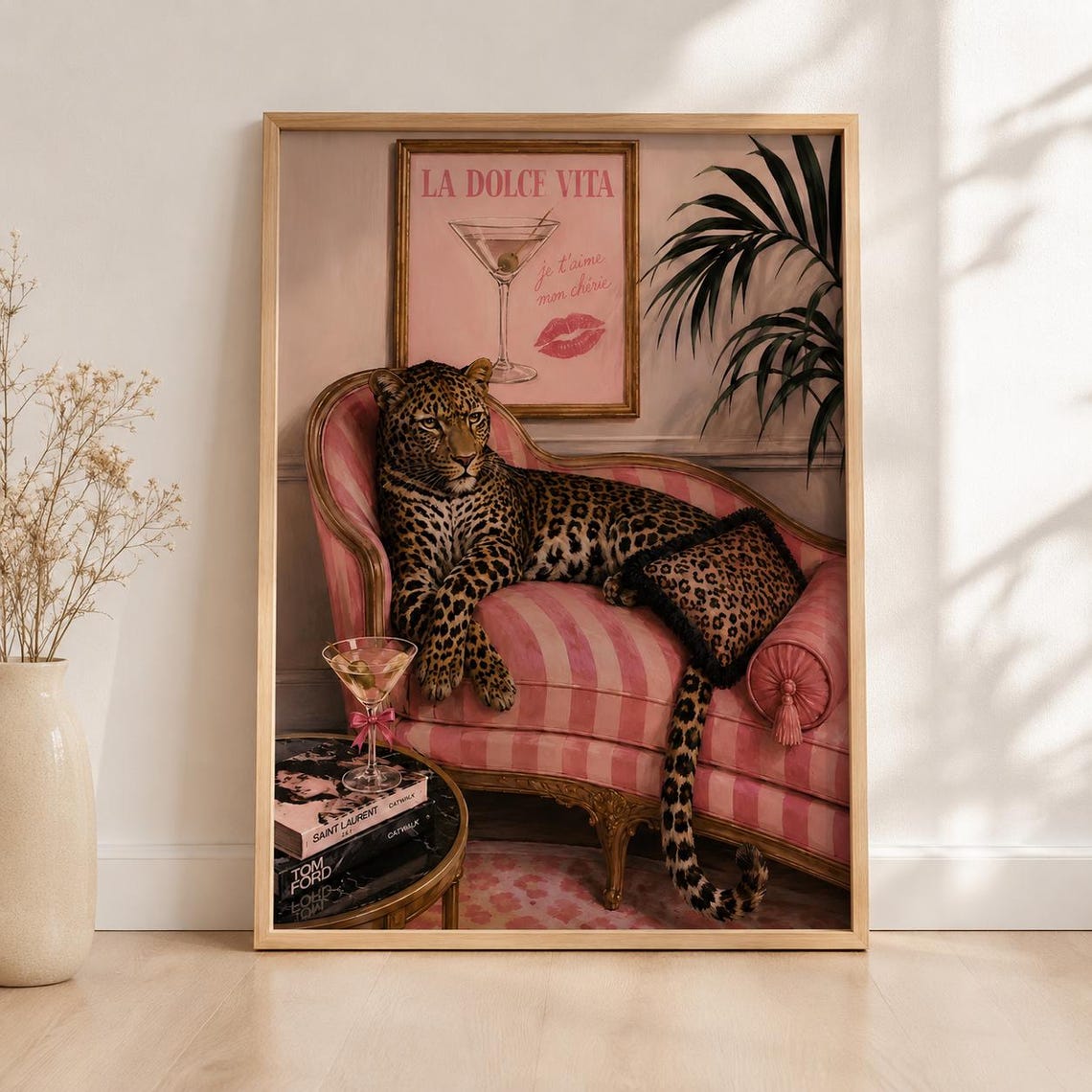 La Dolce Vita Leopard Pink Chaise Martini Chic Animal Art Poster