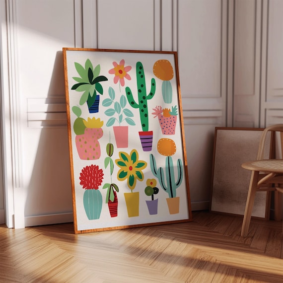Abstract Potted Plants Cacti Retro Floral Illustration Poster
