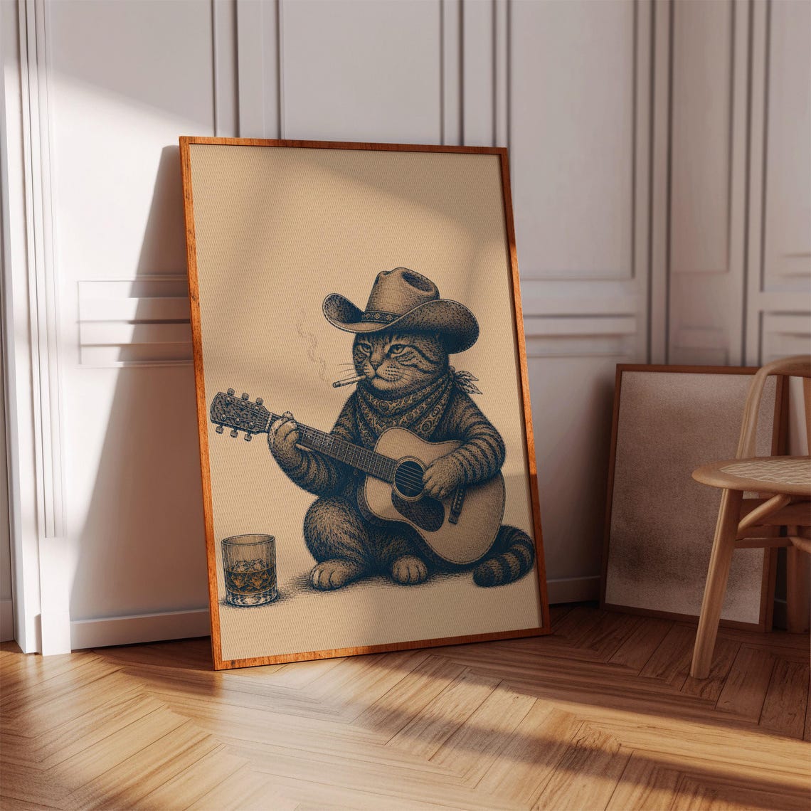 Cowboy Cat Playing Guitar Vintage Western Etching Whiskey Poster