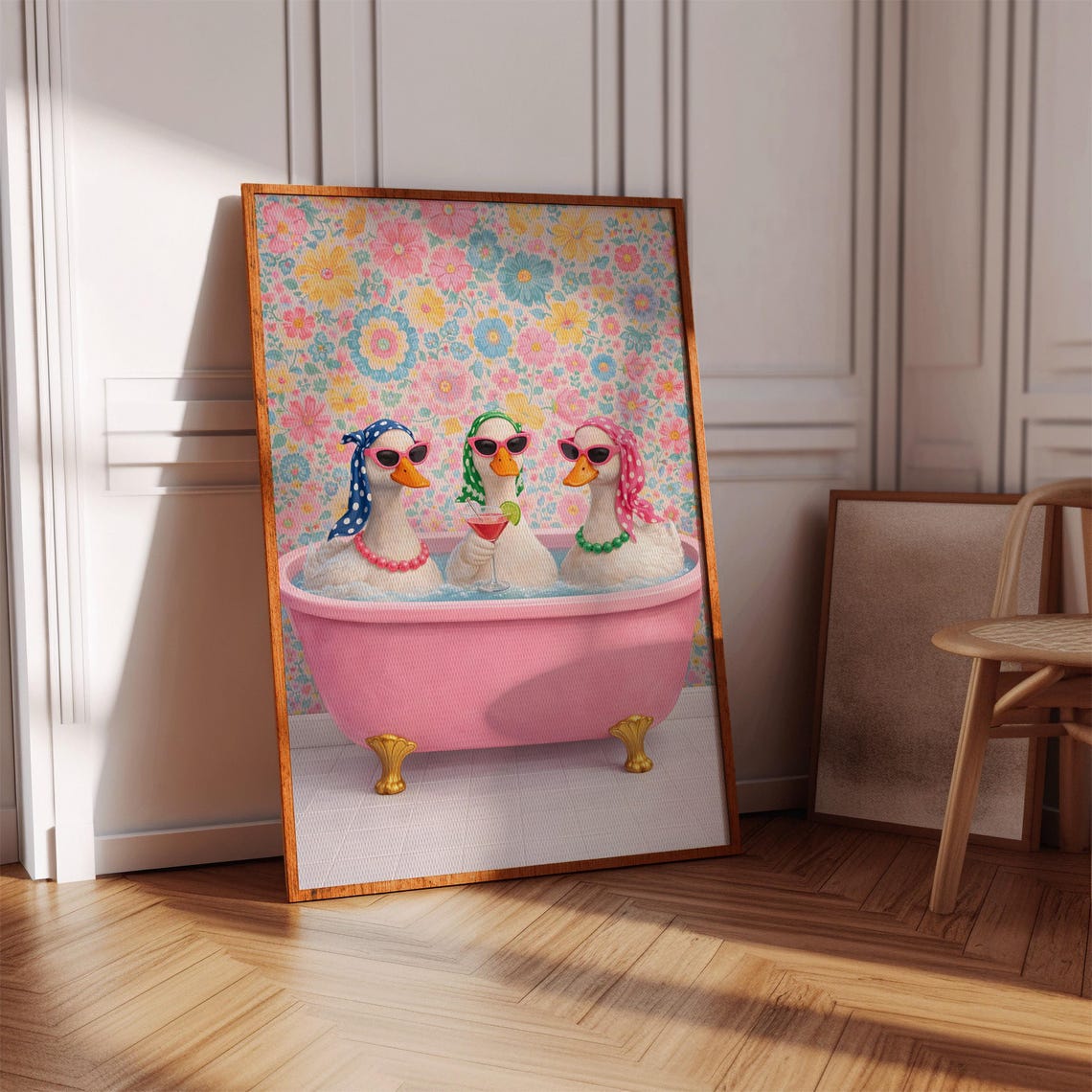 Funny Duck Bathroom Wall Art Printable Pink Bath Decor Colorful Print