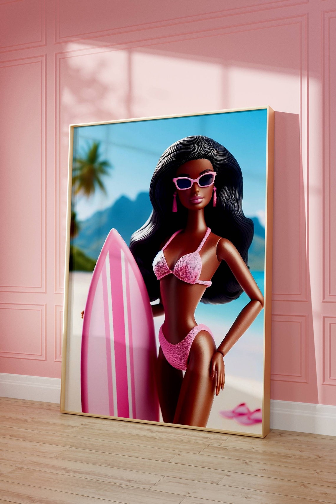 Retro Doll Beach Girl Tropical Surf Pink Bikini Summer Art Poster