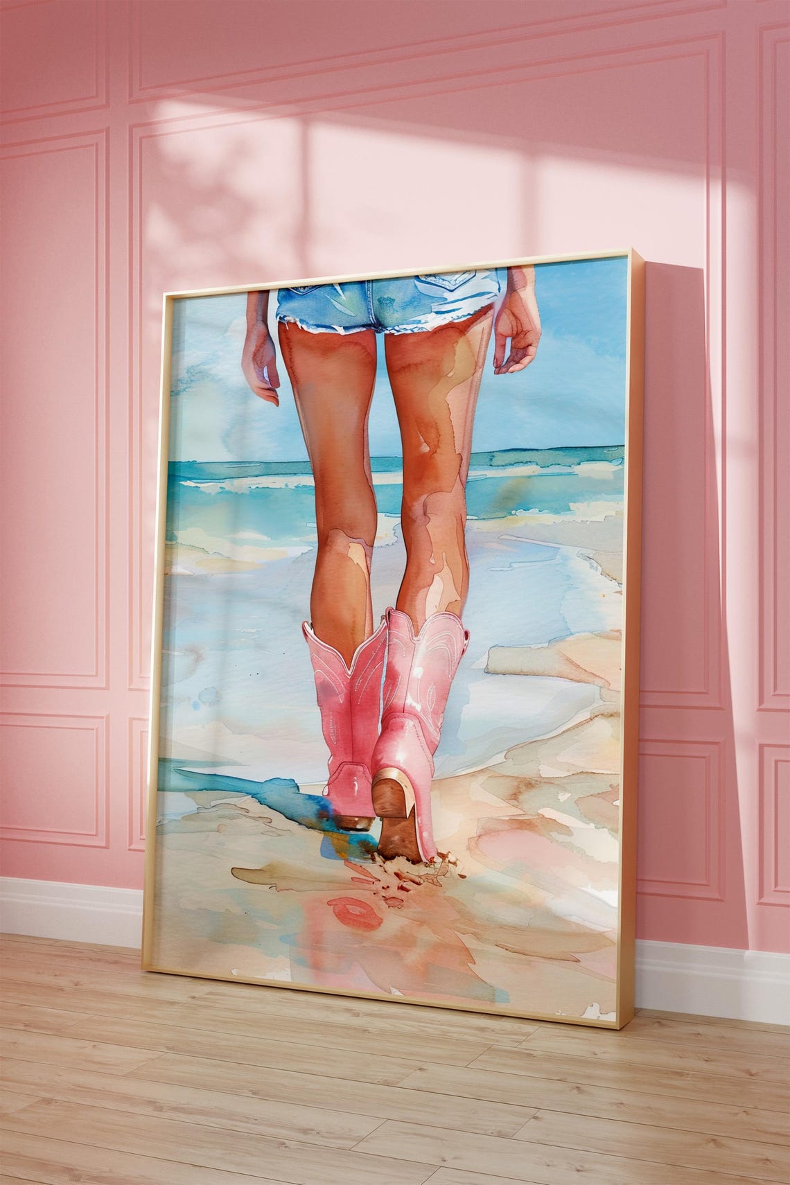 Pink Cowboy Boots On Beach Watercolor Summer Style Fashion Art Print