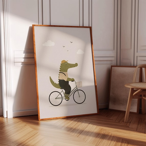 Crocodile Riding Bicycle With Basket Nursery Kids Animal Print