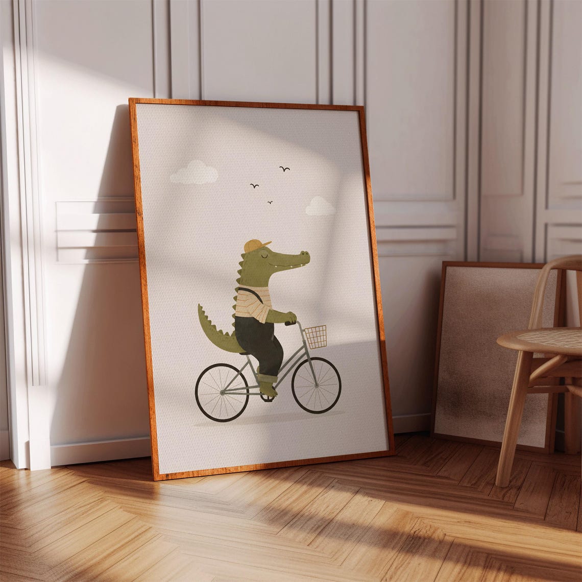 Crocodile Riding Bicycle With Basket Nursery Kids Animal Print
