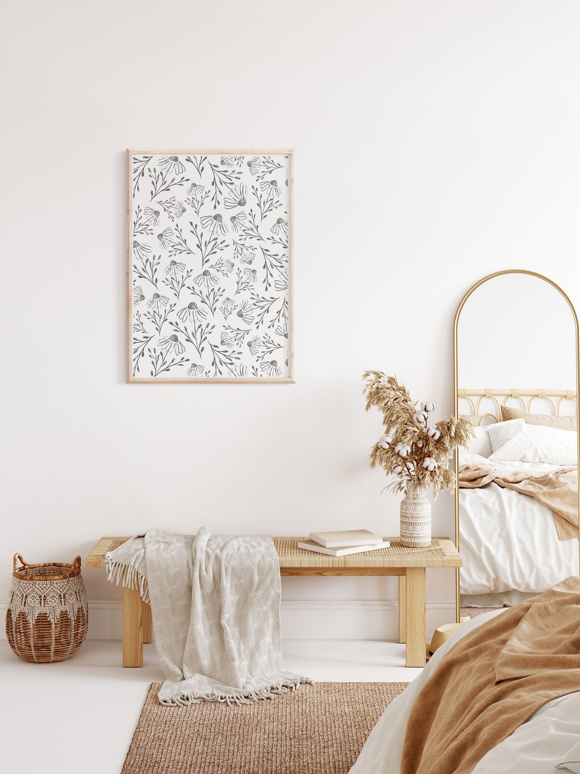 Hand Painted Chamomile Floral Pattern Graphite Botanical Print Decor - Image 2