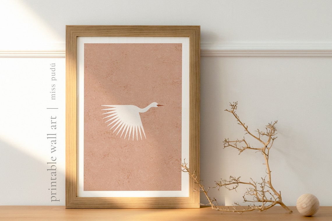 White Heron in Flight Terracotta Boho Bird Illustration Poster