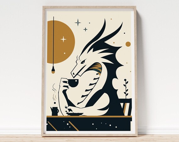 Quirky Dragon Enjoying Morning Coffee Poster For Coffee Shop Whimsical Dragon Drinking Morning Brew Wall Art For Cafe