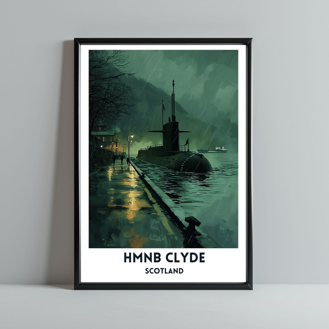 Dark HMNB Clyde Scotland Submarine Rainy Night Naval Art Poster