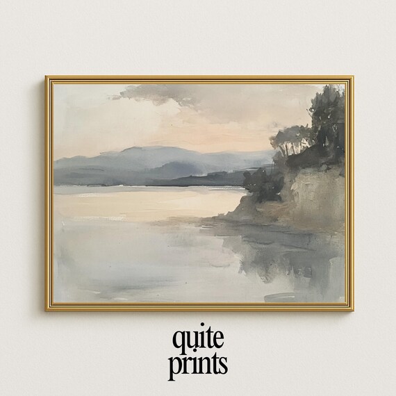 Serene Lake Watercolor Soft Neutral Minimalist Landscape Poster