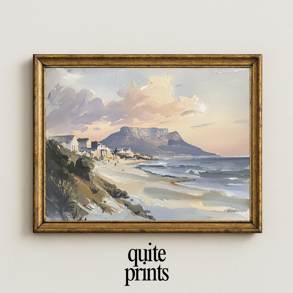 Beach Town Sandy Shore Waves Flat Top Mountain Pink Sunset Clouds Coastal Seascape Poster