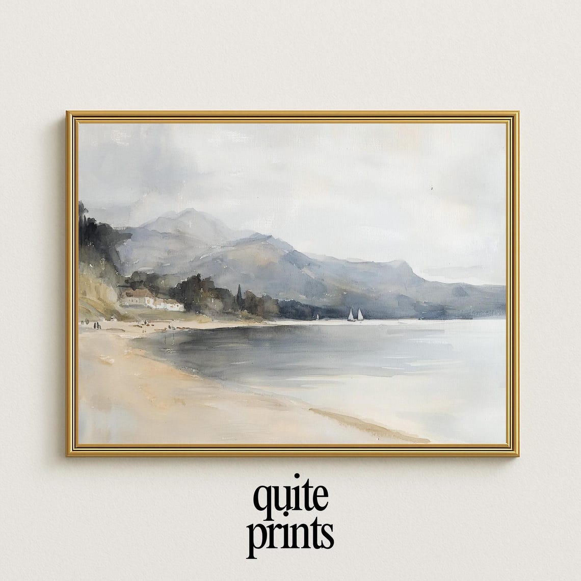 Mountain Beach Seascape Sailboat Muted Watercolor Painting Poster
