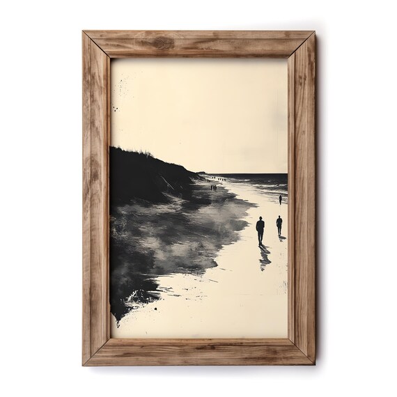 Monochrome Beach Walkers Wet Sand Vintage Black White Coastal Poster