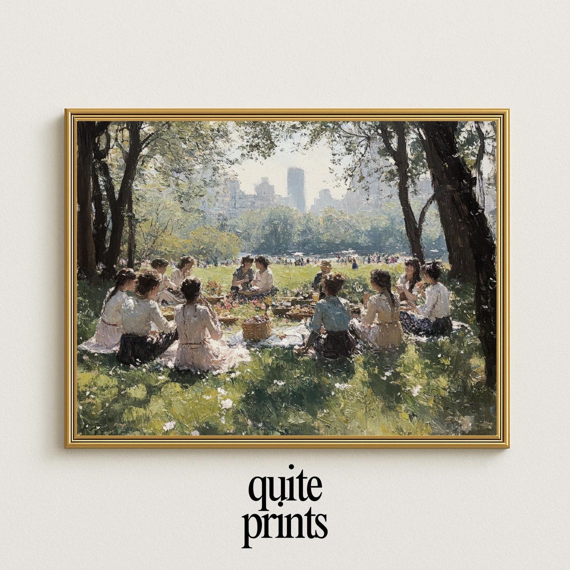 Vintage Women Picnic Gathering In City Park Summer Painting Poster