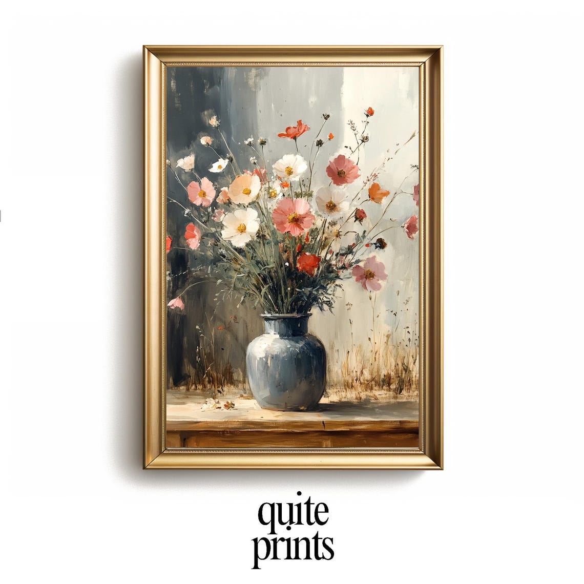 Cosmos Flowers Blue Vase Muted Floral Still Life Painting Poster