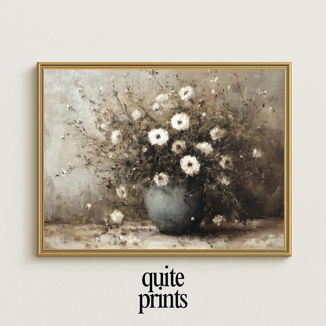 White Flower Bouquet Still Life Painting Vintage Neutral Floral Poster