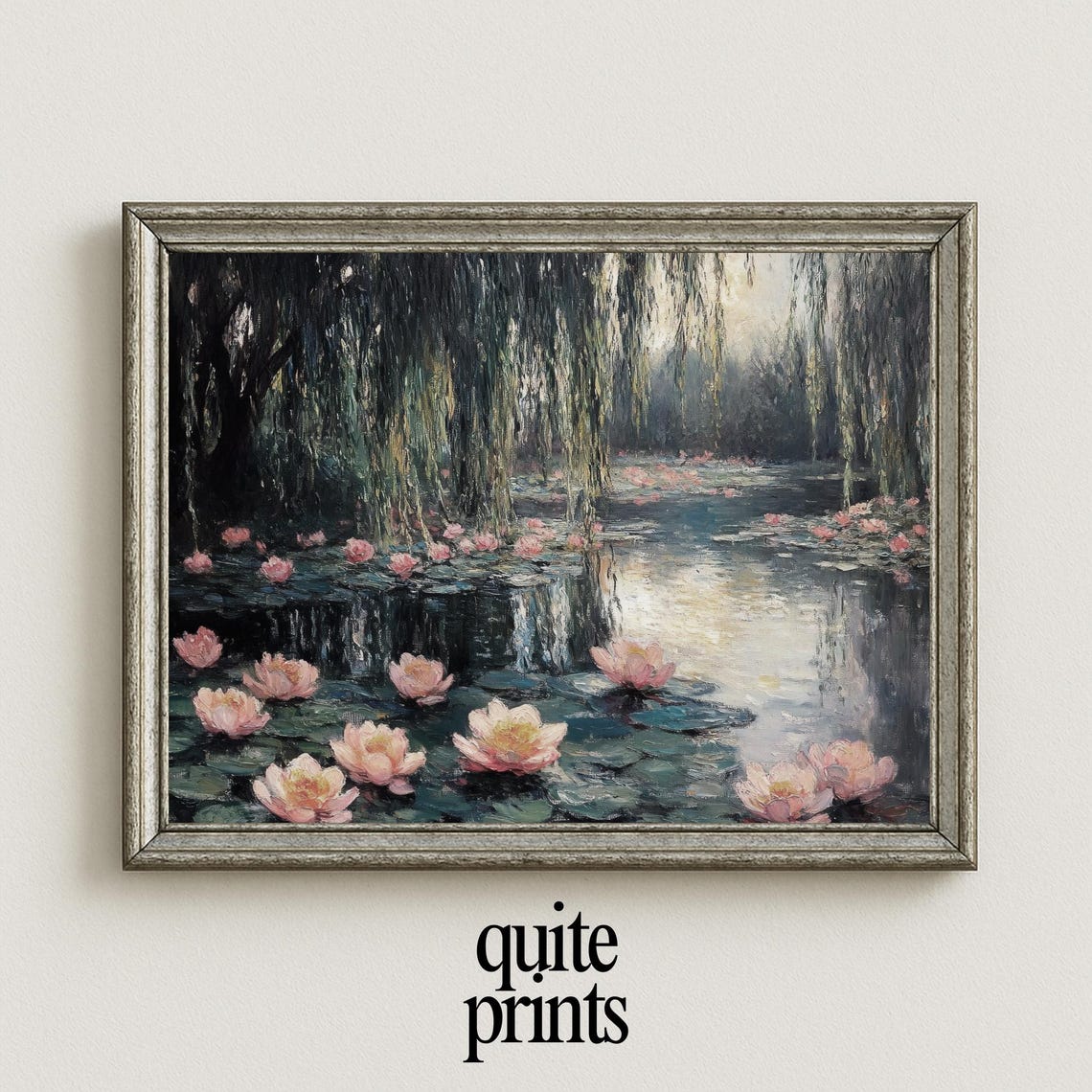 Pink Water Lilies Weeping Willows Dark Pond Impressionist Poster