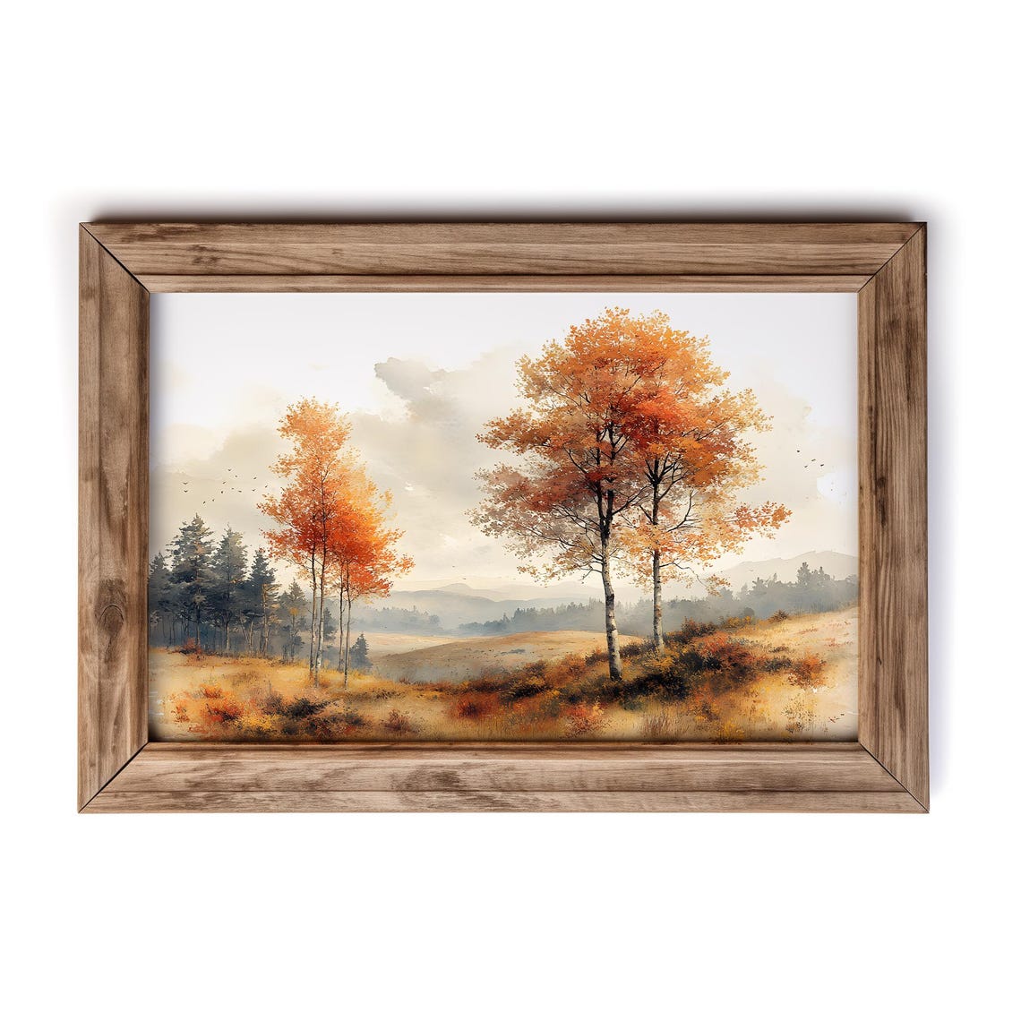 Fiery Orange Autumn Trees Golden Field Watercolor Landscape Poster