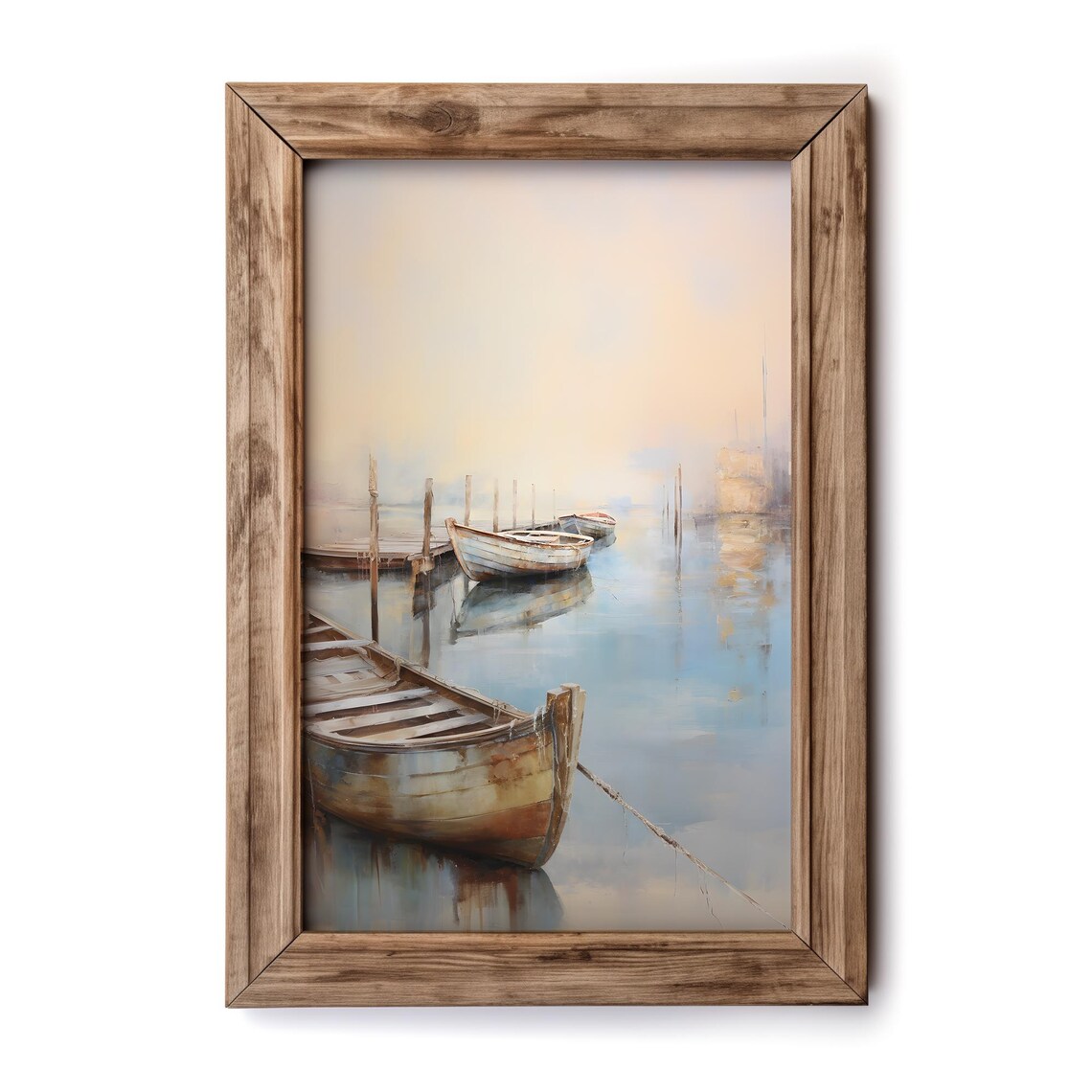 Misty Harbor Rowboats at Dawn Vintage Coastal Boats Oil Painting Poster