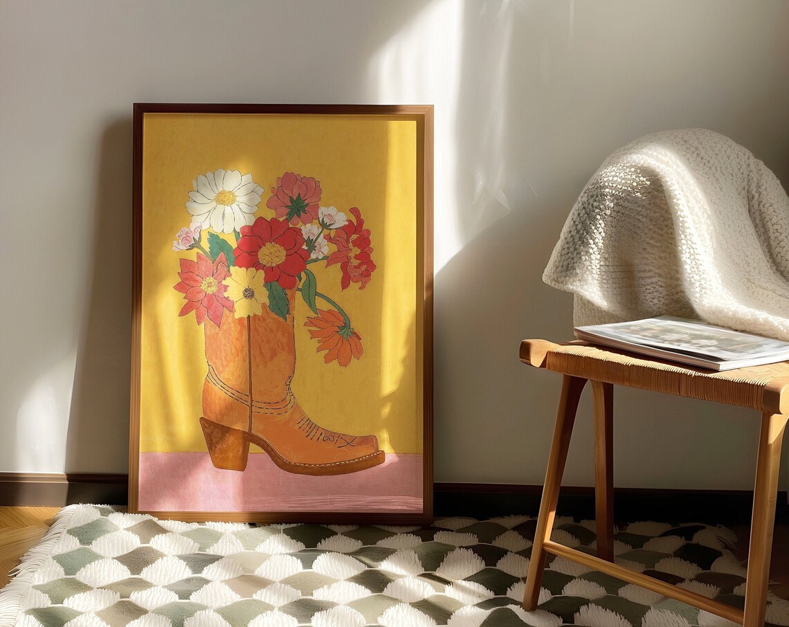 Cowgirl Boot Wildflowers Mustard Western Boho Floral Art Poster - Image 3