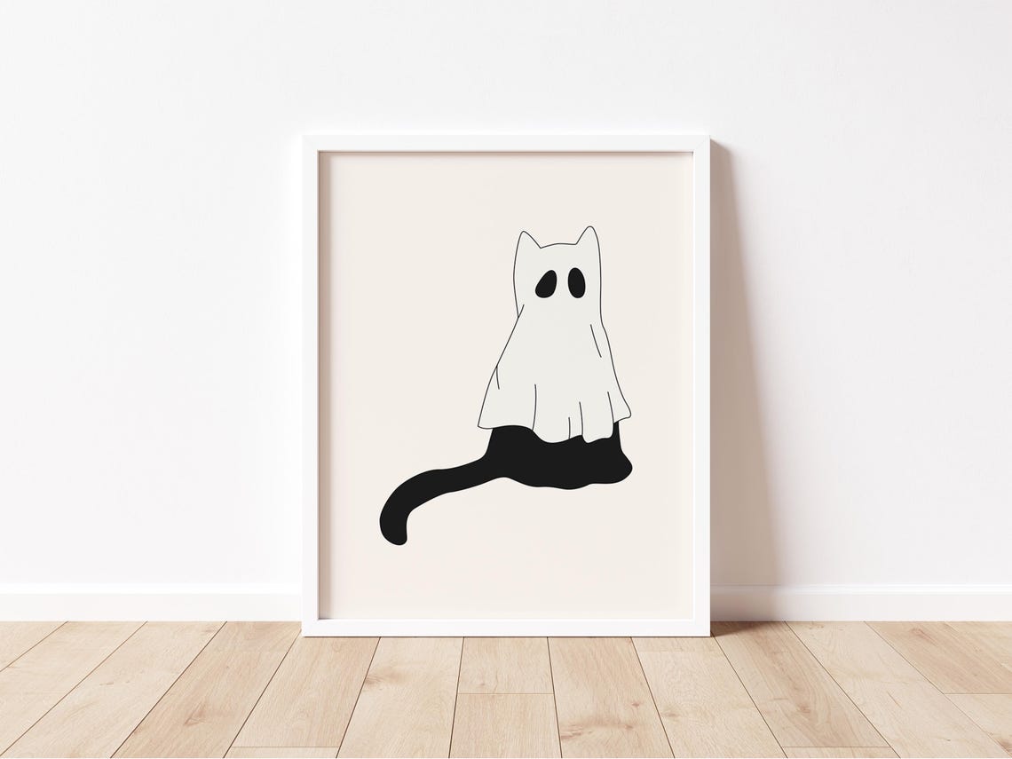 Black Cat in Ghost Costume Minimal Cute Halloween Cat Wall Art - Image 2