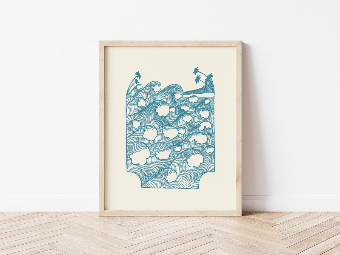 Teal Ocean Waves Line Art Japanese Surf Beach Illustration Print - Image 2
