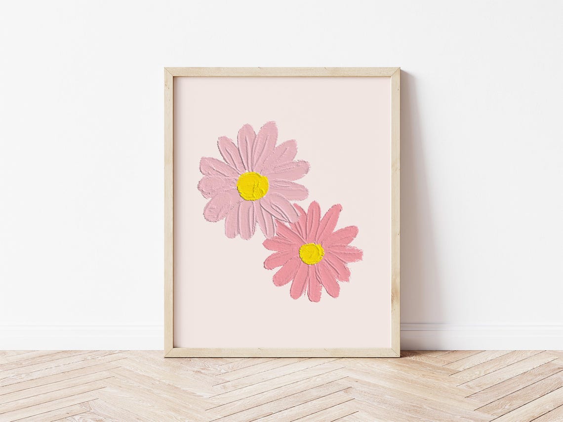Two Sweet Pink Daisies Textured Floral Nursery Decor Wall Art - Image 2