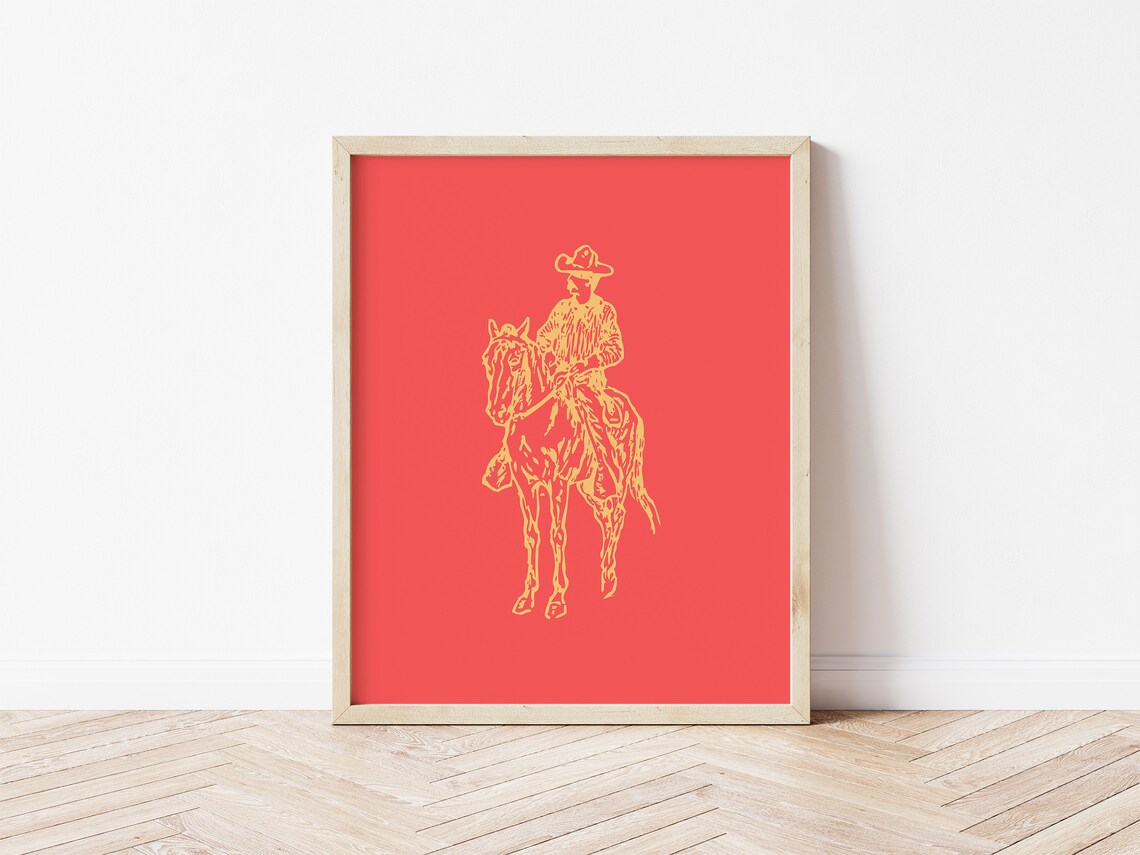 Cowboy on Horseback Cream Line Art Coral Red Background Poster - Image 2