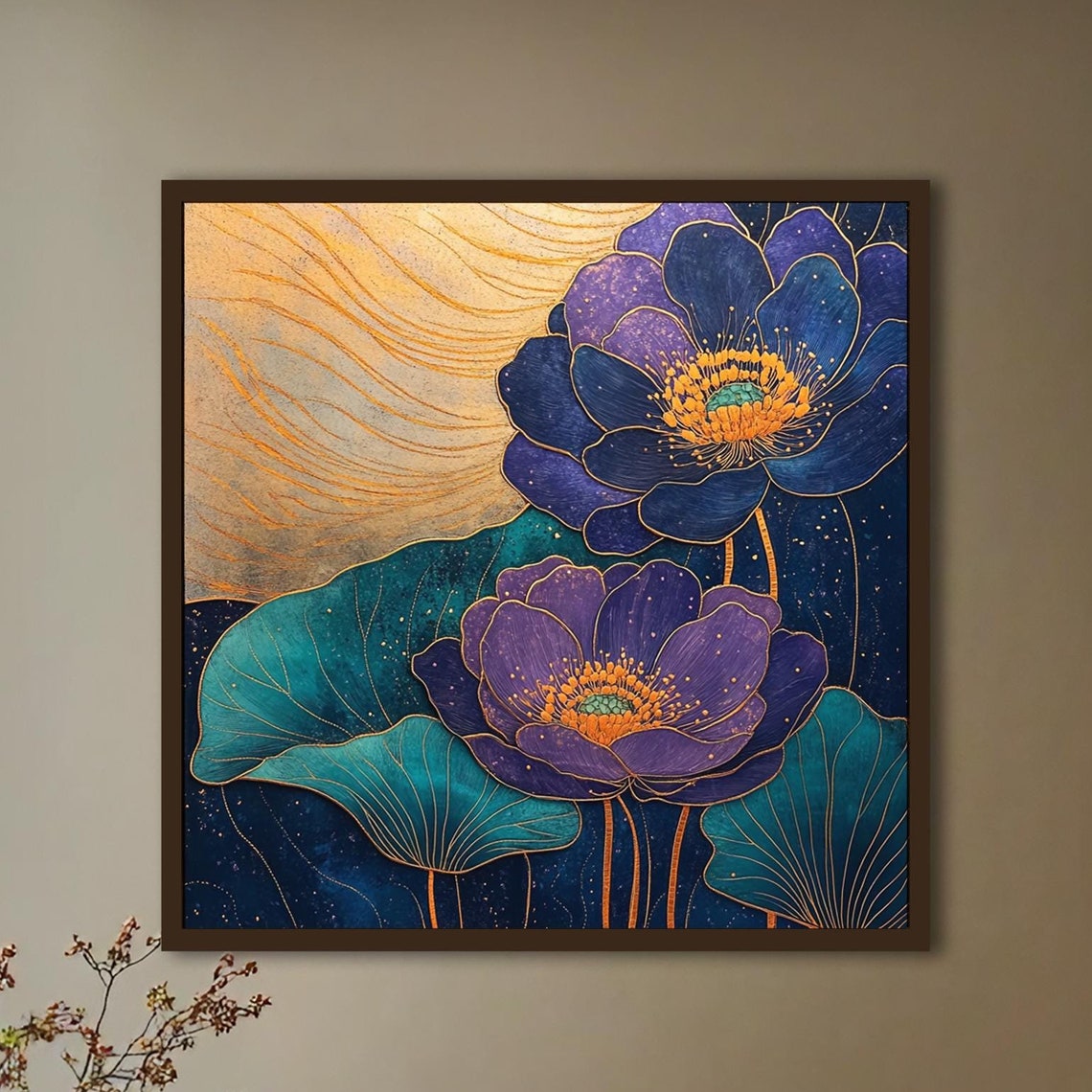 Elegant Purple Teal And Gold Abstract Floral Print Square Print Boho Flower Poster Room Decor Bedroom Art Home Decor Bold