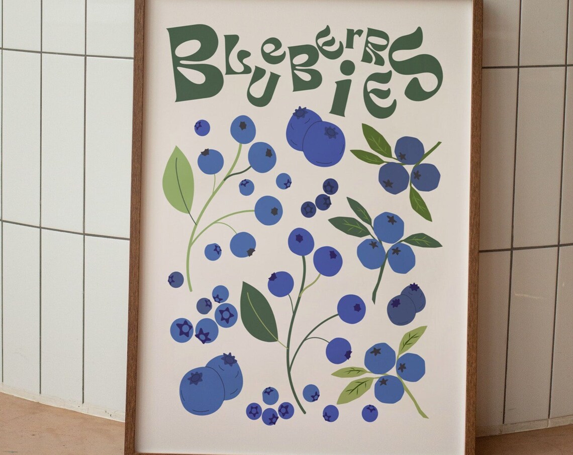 Blueberries Retro Kitchen Art Print, Funky Fruit