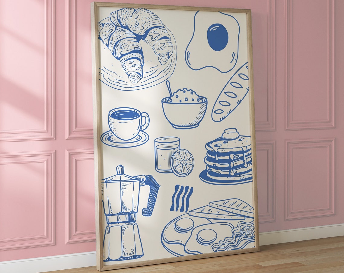 Blue Line Art Breakfast Spread Coffee Croissant Kitchen Poster - Image 4