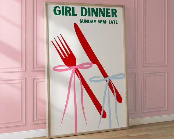 Girl Dinner Sunday Night Fork Knife Bow Party Invitation Poster