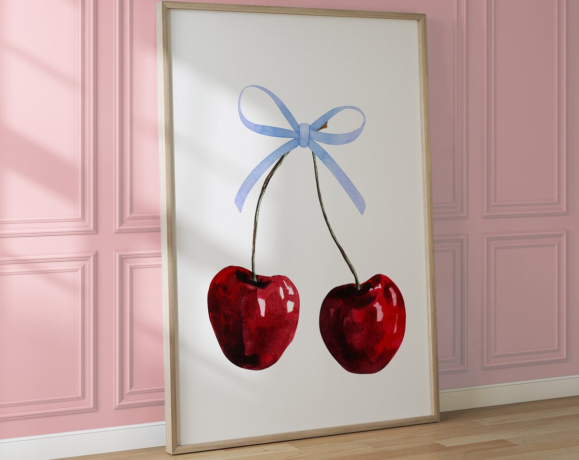 Sweet Glossy Red Cherry Pair Blue Ribbon Bow Coquette Poster