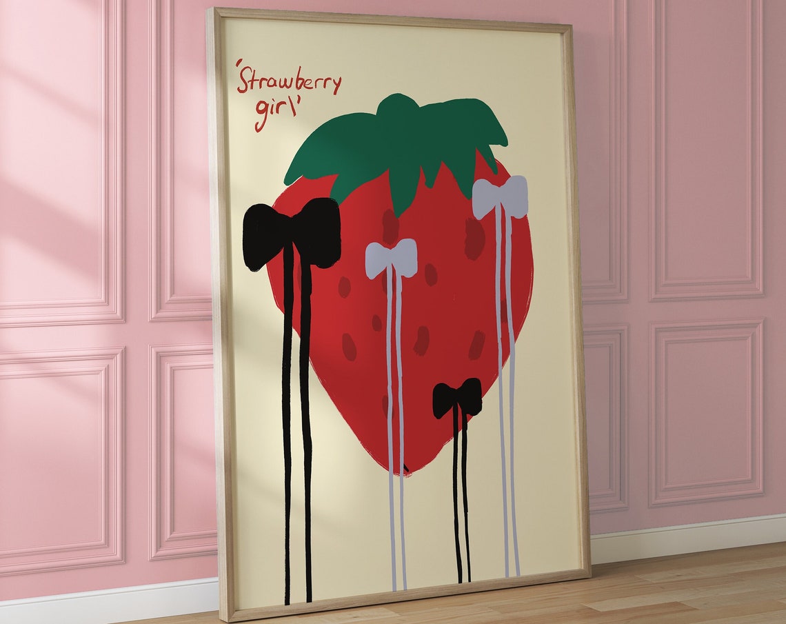 Strawberry Girl Red Fruit with Ribbon Bows Coquette Kitchen Poster