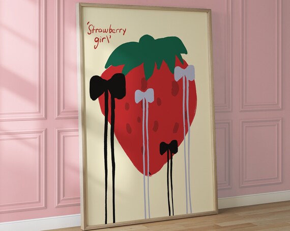 Strawberry Girl Red Fruit with Ribbon Bows Coquette Kitchen Poster