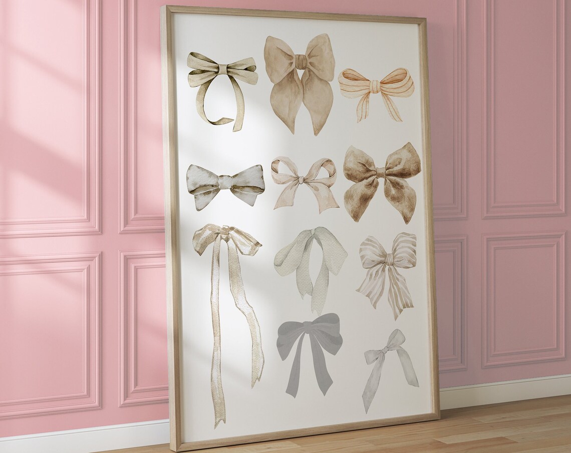 Neutral Watercolor Ribbon Bows Grid Elegant Nursery Wall Poster - Image 5